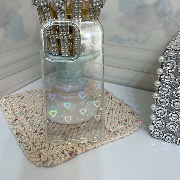iPhone 14 Pro Clear Cute Holographic Heart Case - Picture 1 of 7